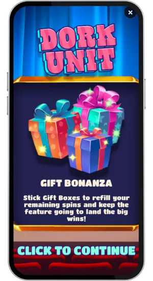 Dork Unit Gift Bonanza feature introduction screen with three gift boxes