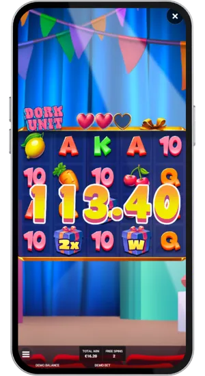 Dork Unit Gift Bonanza free spins round showing active multiplier win on reels