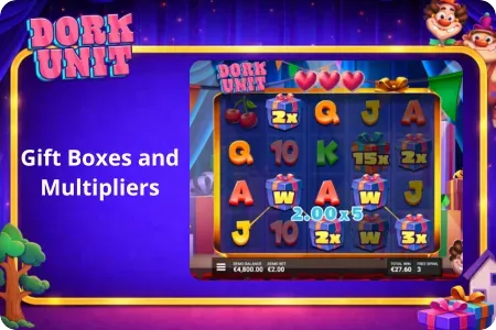 Dork Unit Gift Box Wild multiplier symbols on the reels