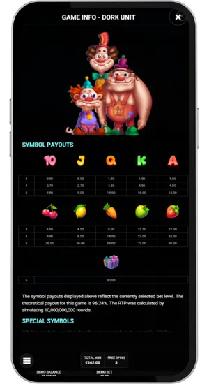 Dork Unit symbol payouts table and game info screen with all clown characters